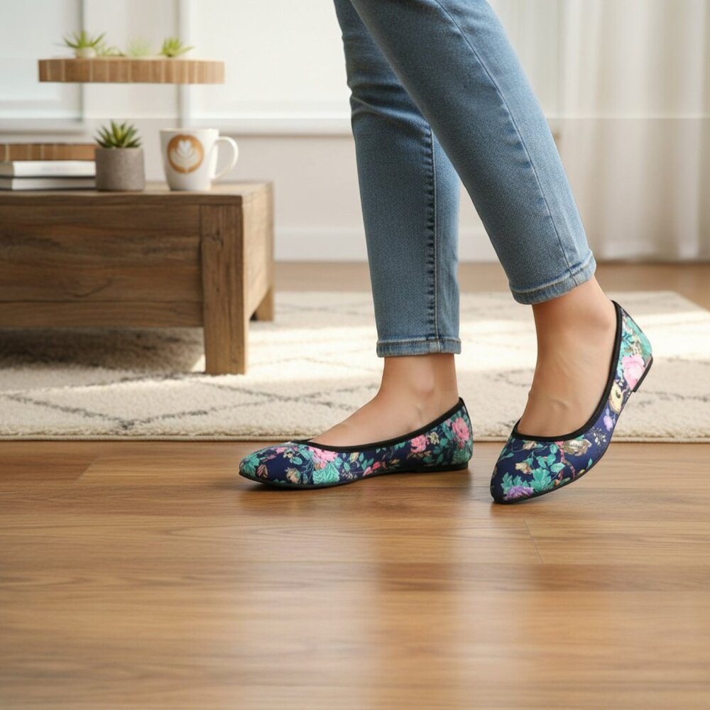 Navy Floral Ballet Flats Round Toe Cottagecore Slip On Shoes - Picture 1 of 8